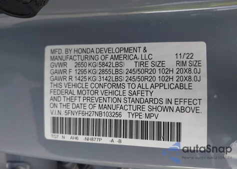 2022 Honda Pilot Awd Special Edition from USA, damaged, VIN 5FNYF6H27NB103256